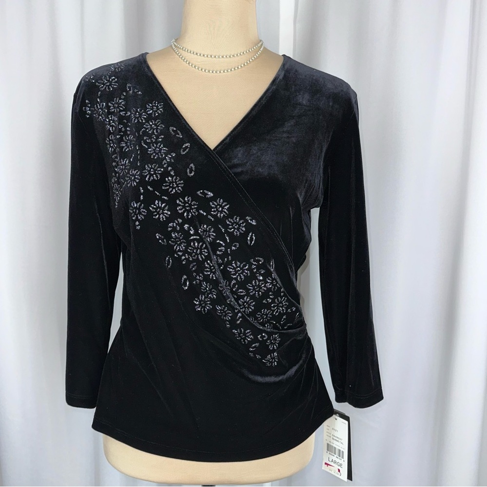 NEW Vtg AGB Byer California Top Sz L Black Velvet Stretch Ruched Shimmer Y2K‎